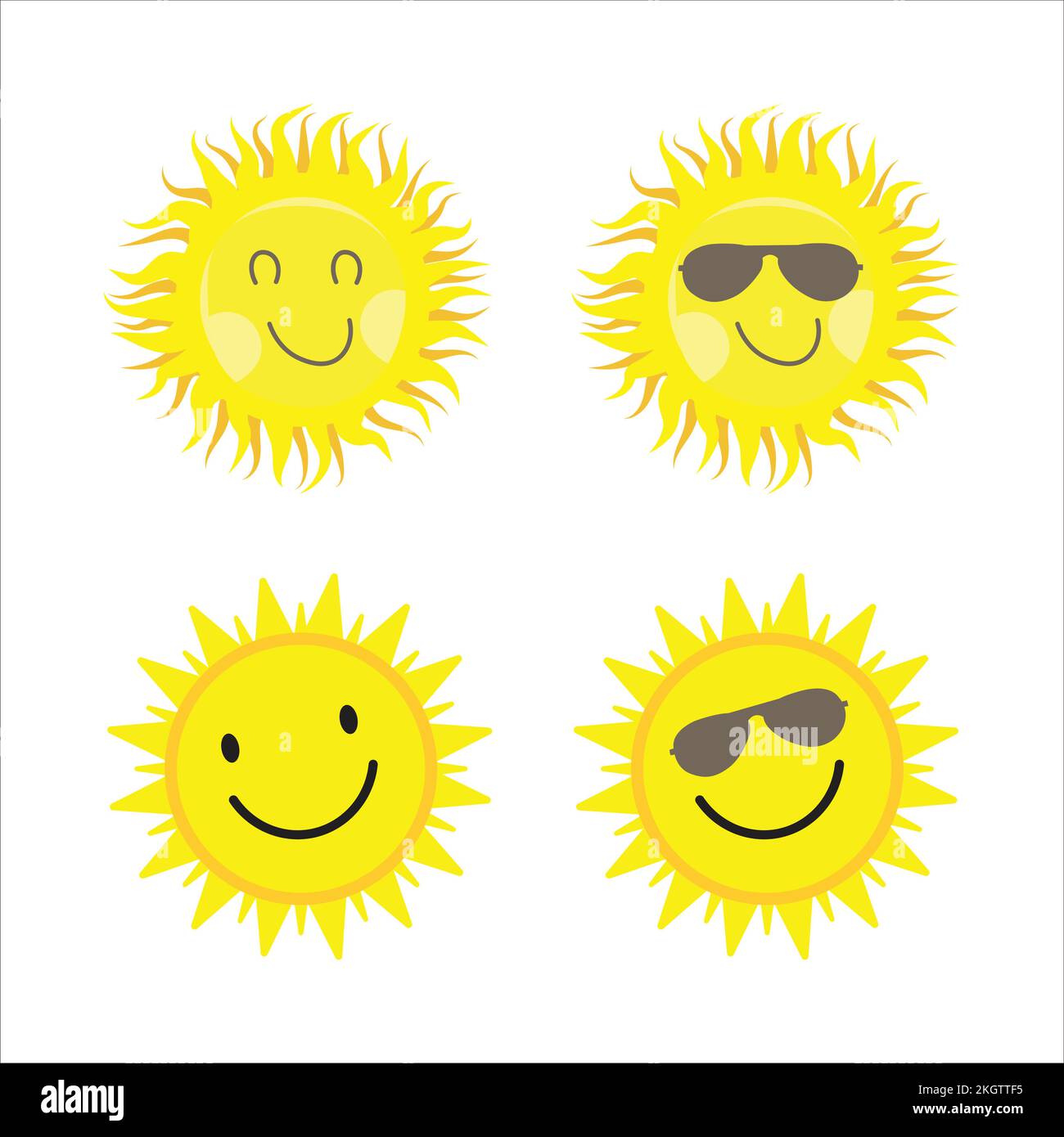 Adesivo solare di forma rotonda e colore giallo. Sole carino con viso sorridente e occhiali da sole freschi. Raggi solari gialli che escono dal disegno del vettore del sole. Dom Illustrazione Vettoriale