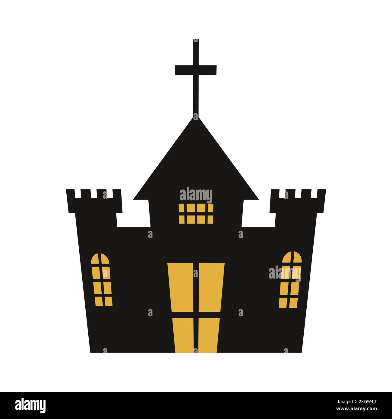 Design di silhouette a castello di Halloween con tonalità di colore giallo. Inquietante disegno vettoriale castello su sfondo bianco. Design per Halloween pari Illustrazione Vettoriale