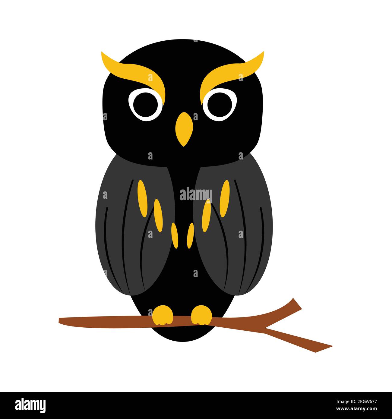 Halloween pauroso-affrontato gufo design su uno sfondo bianco. Illustrazione del vettore di gufo di Halloween con tonalità di colore nero scuro e giallo. Pauroso gufo di Halloween Illustrazione Vettoriale