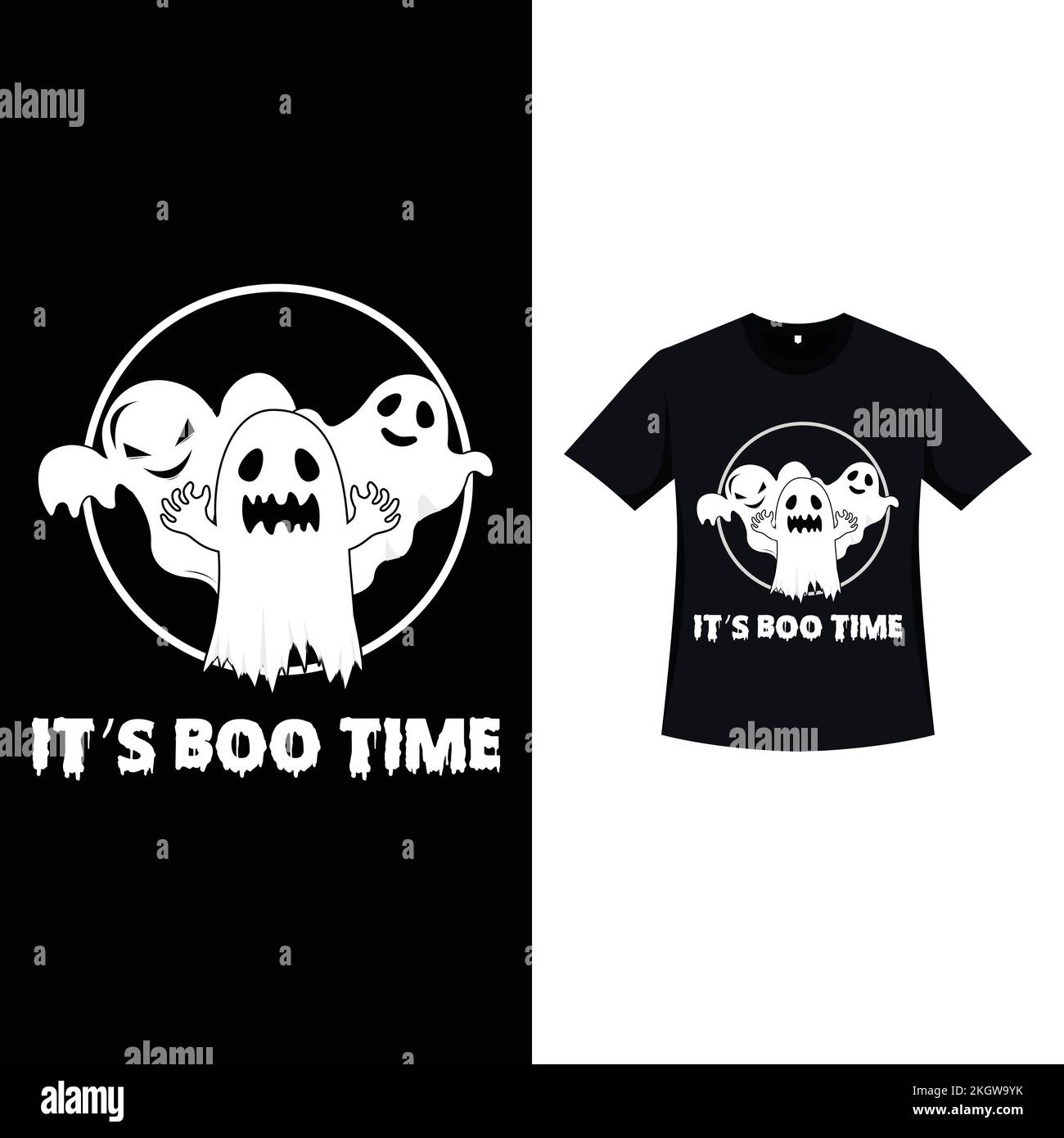 T-shirt color nero di Halloween con tre spaventosi fantasmi bianchi. Elemento di Halloween silhouette design con un mazzo di fantasmi spettrale e calligrafia. Illustrazione Vettoriale