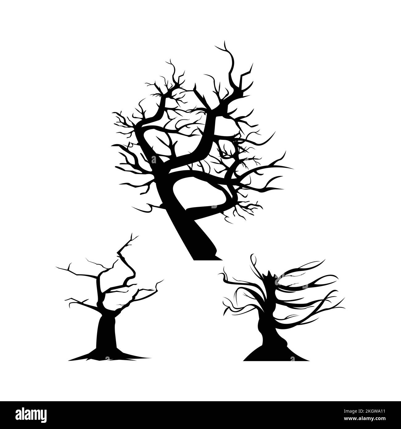 Design di silhouette di Halloween con albero morto e colore nero. Collezione di disegni vettoriali di alberi spaventosi su sfondo bianco per Halloween. Vettore spettrale Illustrazione Vettoriale