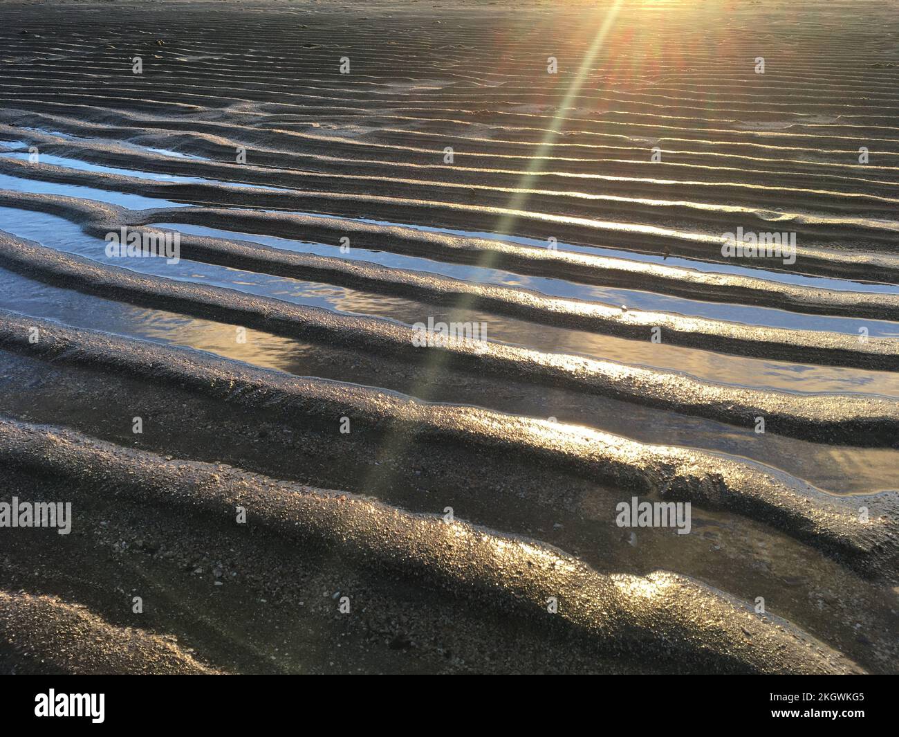 Paesaggio artistico di spiaggia con la bassa marea, il sole è all'orizzonte, raggi di sole che gettano ombre sull'acqua intrappolata nelle ondulazioni della sabbia. Foto Stock