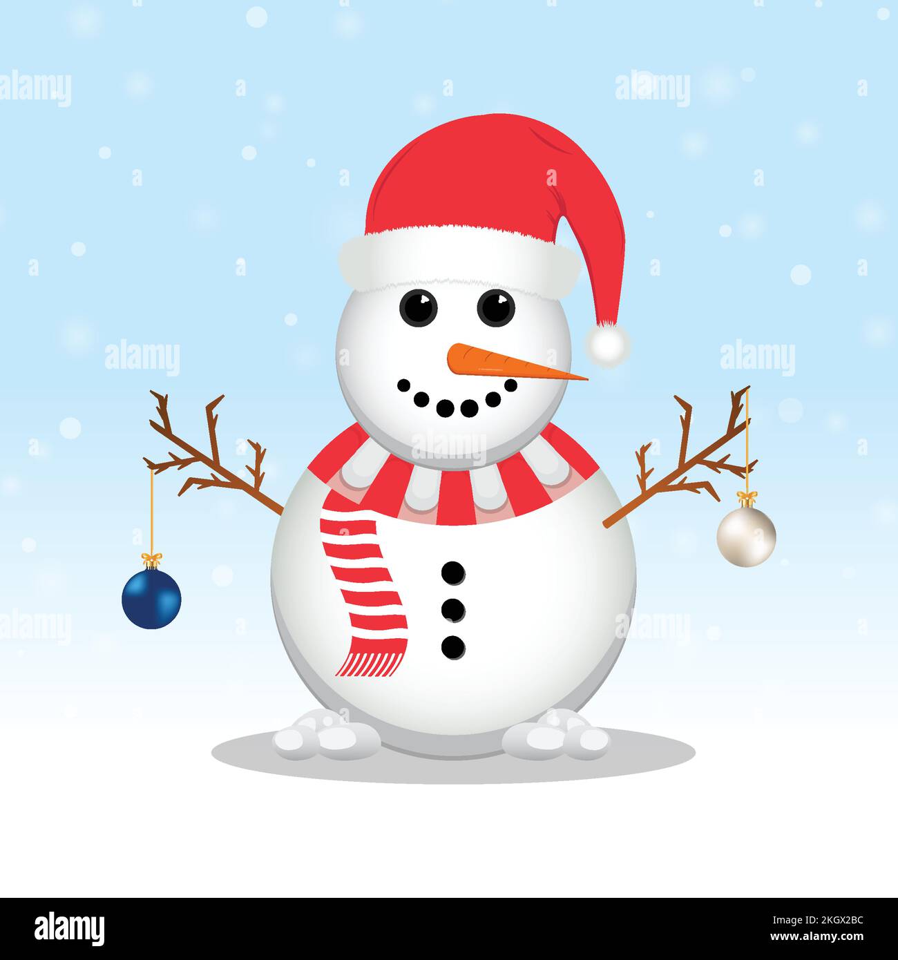 Pupazzo di neve di Natale con un cappello di Babbo Natale. Fondo innevato. Un pupazzo di neve con palle di decorazione. Design a elementi natalizi con decorazioni blu e bianche Illustrazione Vettoriale