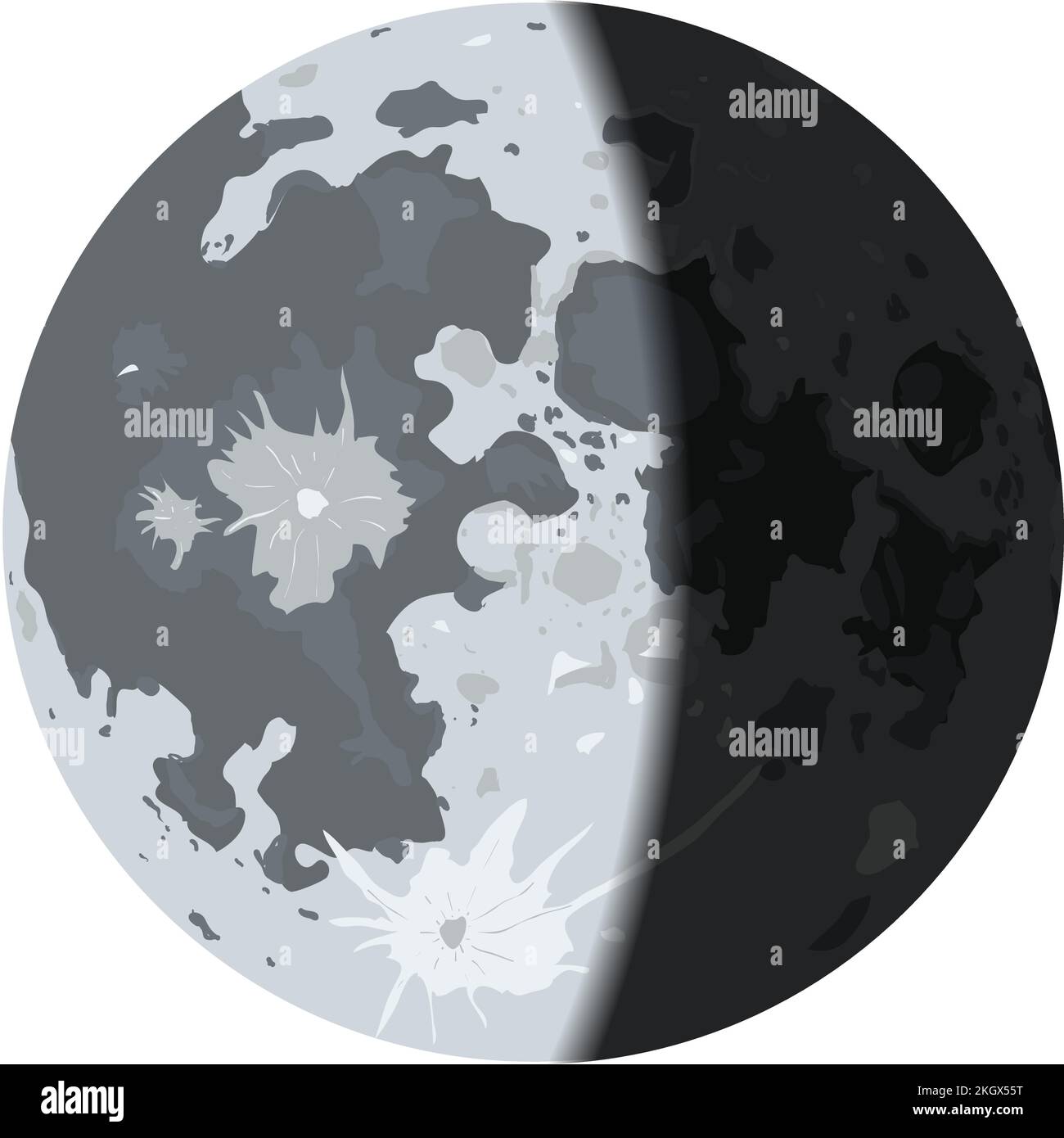 Mezza luna. Mese ciclo lunare fase con ombra realistica Illustrazione Vettoriale