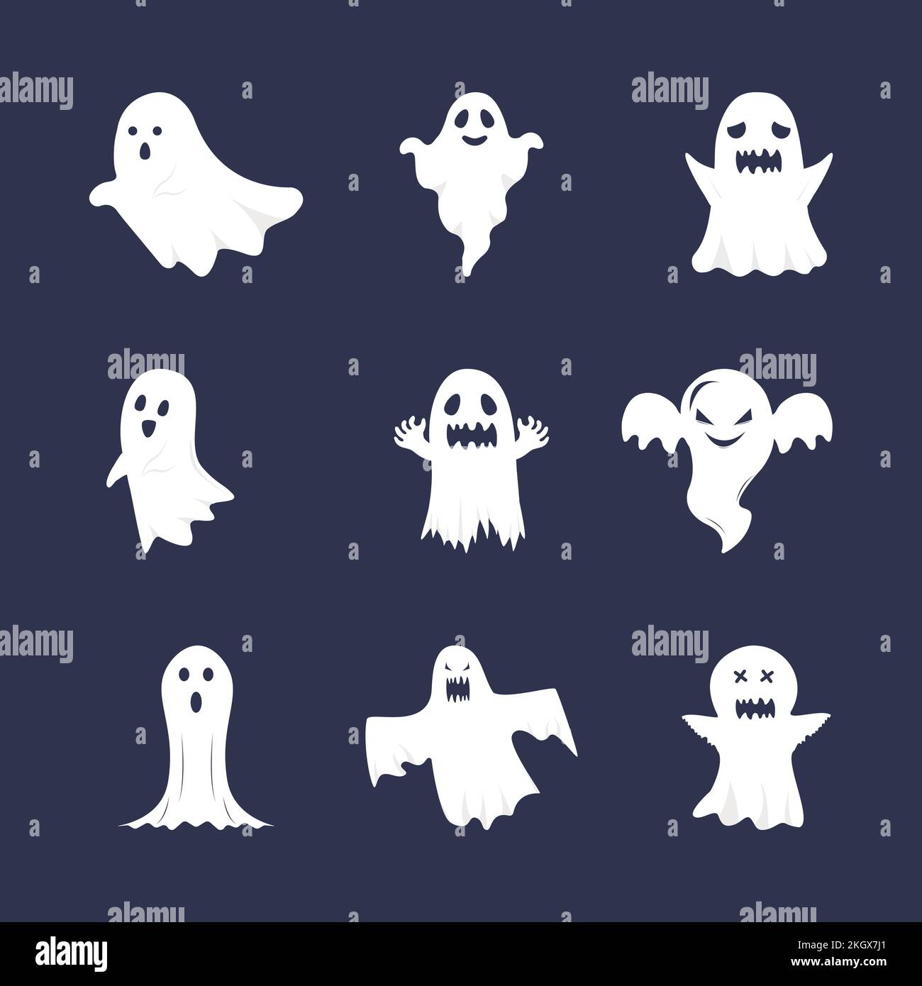 Collezione di vettori fantasma piatti di Halloween. Carino pacchetto fantasma. Fantasmi bianchi su sfondo scuro. Set di fantasmi carini di Halloween. Design fantasma di Halloween piatto. Illustrazione Vettoriale
