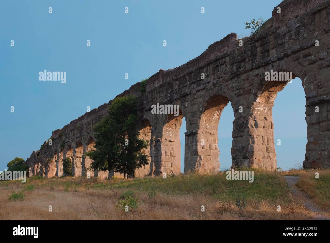 Antichi acquedotti al Parco degli Acquedotti. Archi in pietra costruiti per portare l'acqua nella città durante l'Impero Romano. Parco all'aperto a Roma. Foto Stock