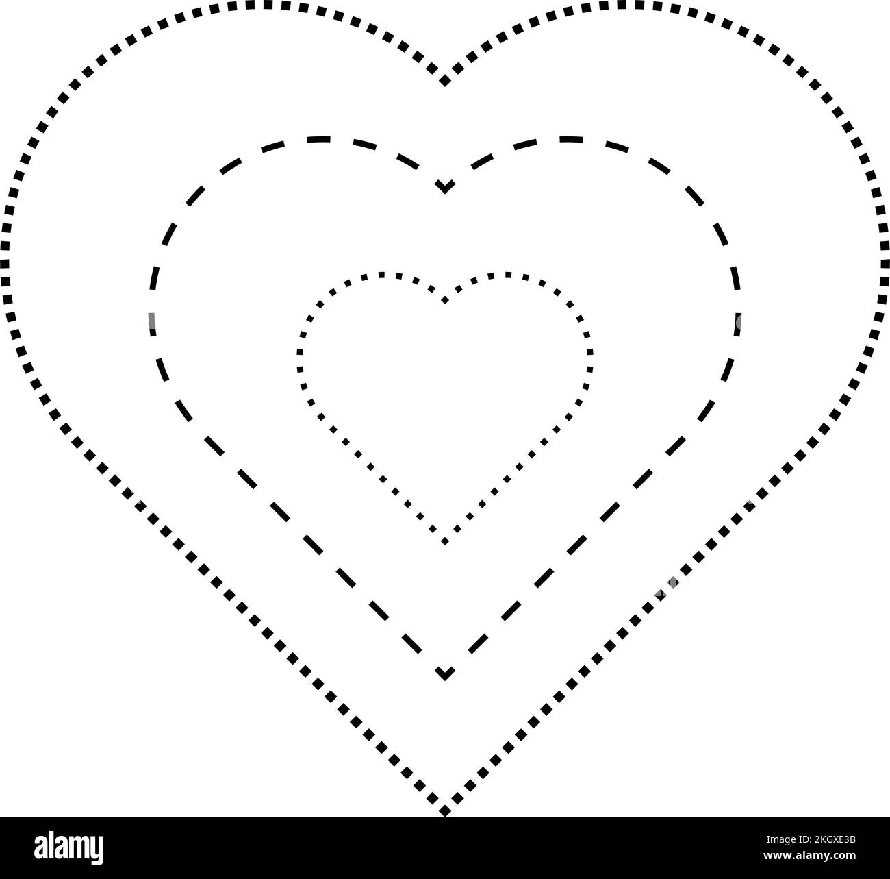 Simbolo a forma di cuore tracciato, linea tratteggiata tratteggiata tratteggiata a tratti per prescolare, asili e bambini Montessori, pretrattando, disegnando e tagliando prac Illustrazione Vettoriale