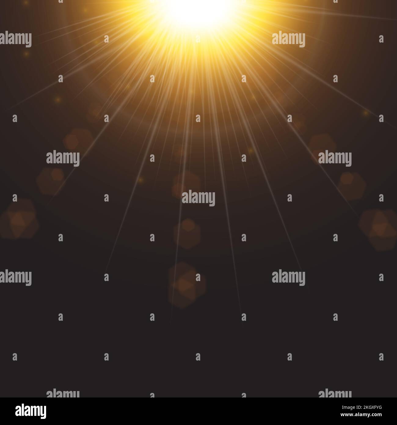 Luce solare brillante su sfondo scuro. Raggi cosmici di luce solare con lente luminosa. Luce solare vettoriale speciale effetto luce parassita della lente. S Illustrazione Vettoriale