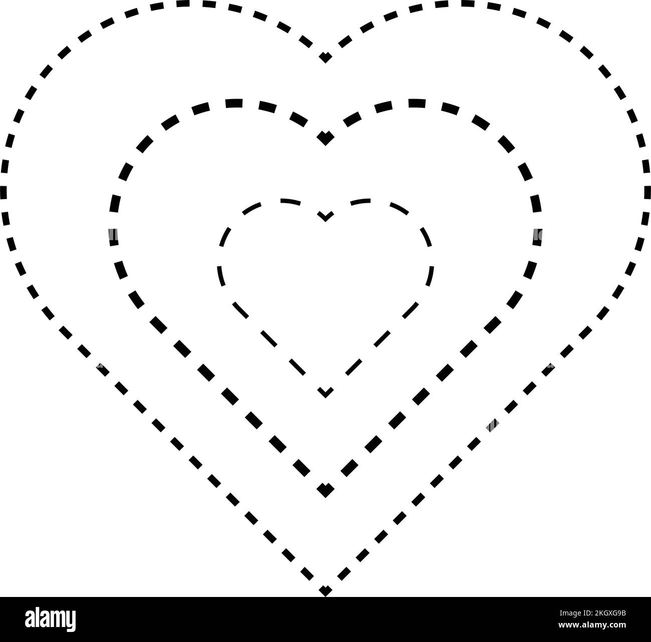 Simbolo a forma di cuore tracciato, linea tratteggiata tratteggiata tratteggiata a tratti per prescolare, asili e bambini Montessori, pretrattando, disegnando e tagliando prac Illustrazione Vettoriale