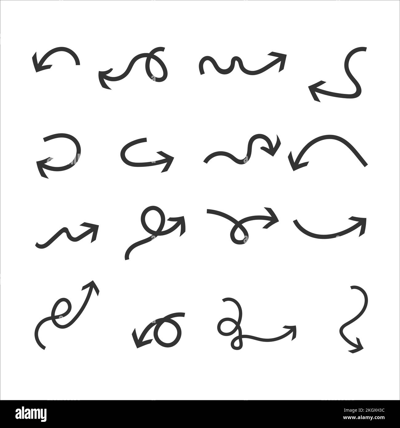 Png raccolta frecce disegnate a mano. Freccia nera impostata. Le frecce curve tagliano l'illustrazione del vettore di stile. Illustrazione vettoriale delle icone delle frecce curve. Doodle st Illustrazione Vettoriale