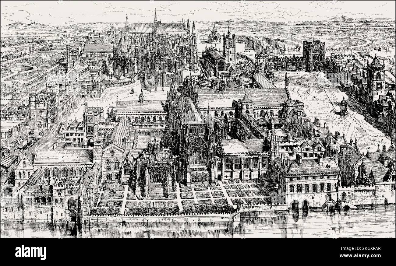Ricostruzione dell'Abbazia e del Palazzo di Westminster nel 16th ° secolo Foto Stock