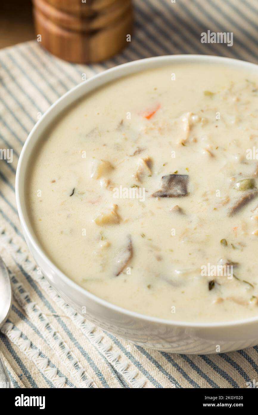 Zuppa di pollo e riso selvatico fatta in casa con funghi Foto Stock