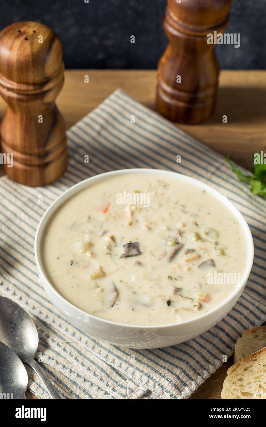 Zuppa di pollo e riso selvatico fatta in casa con funghi Foto Stock