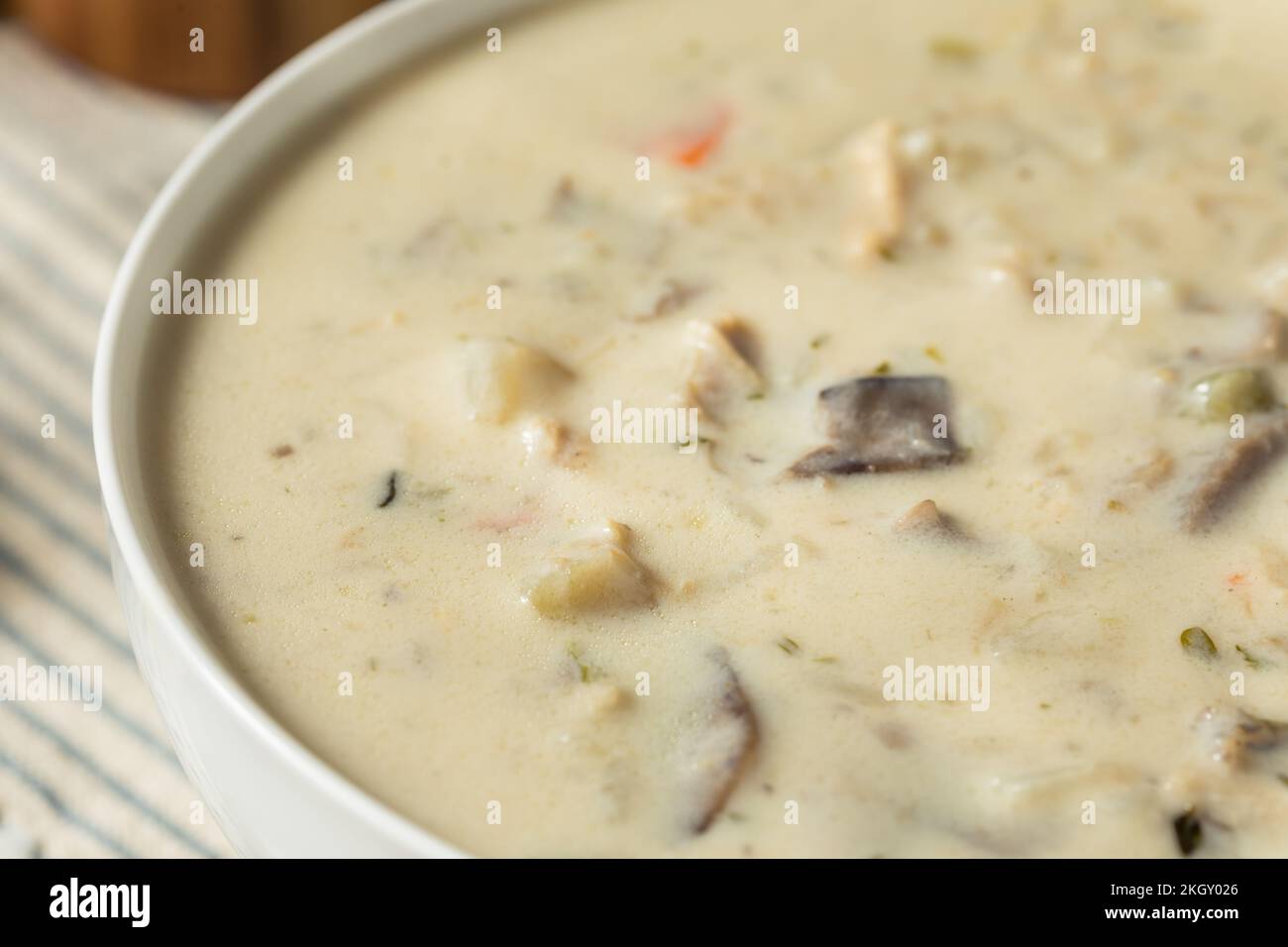 Zuppa di pollo e riso selvatico fatta in casa con funghi Foto Stock