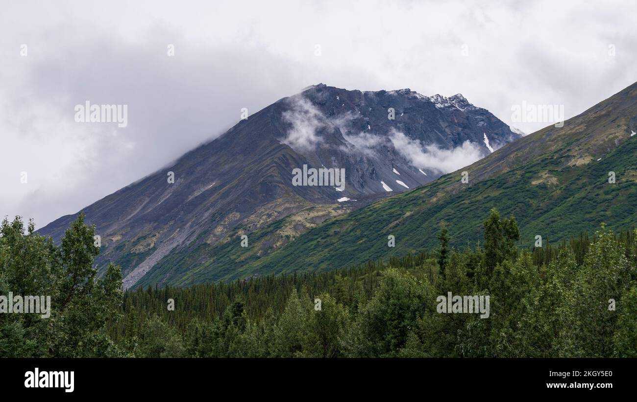 Un'immagine panoramica della catena montuosa dell'Alaska nella regione centro-meridionale dell'Alaska, USA, sotto un cielo nuvoloso Foto Stock