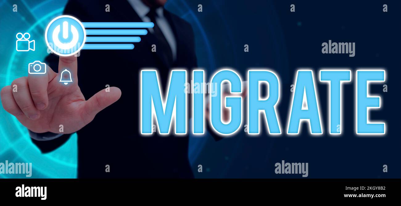 Visualizzazione concettuale migrazione. Parola scritta su per spostarsi o viaggiare da un paese o località ad un altro Foto Stock