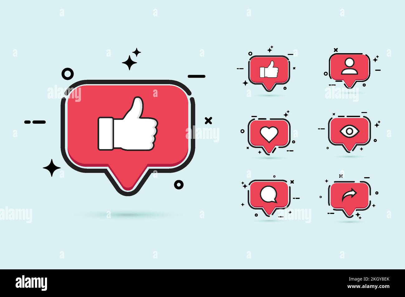 Pulsante dei social media impostato in rosso. Pulsante social con icona mi piace, amore, commento, visualizzazione, condivisione e seguire. Elegante collezione di bottoni piatti di colore rosso Illustrazione Vettoriale