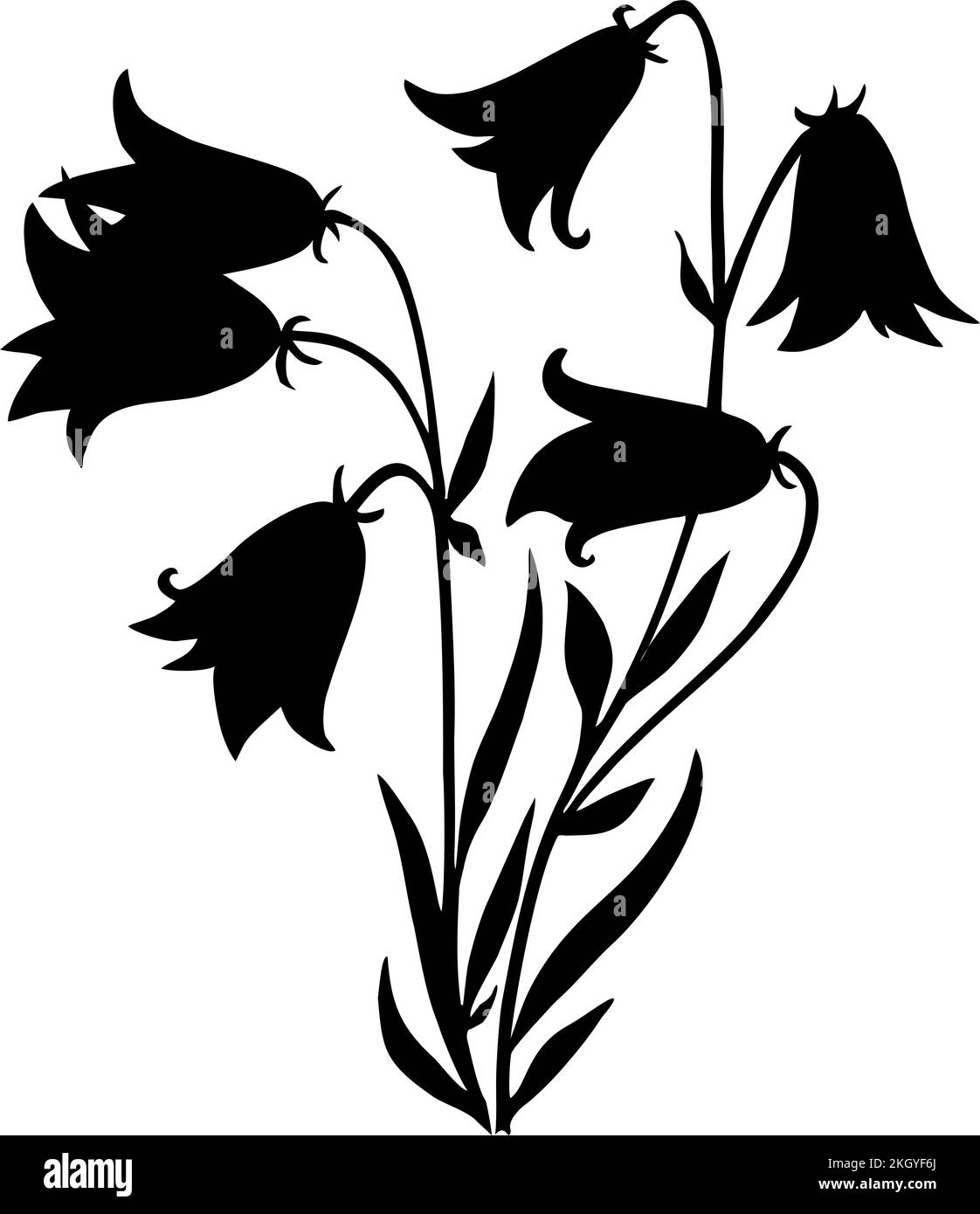 silhouette grafica nera di fiori campanili su sfondo bianco, elemento isolato, arredamento Foto Stock