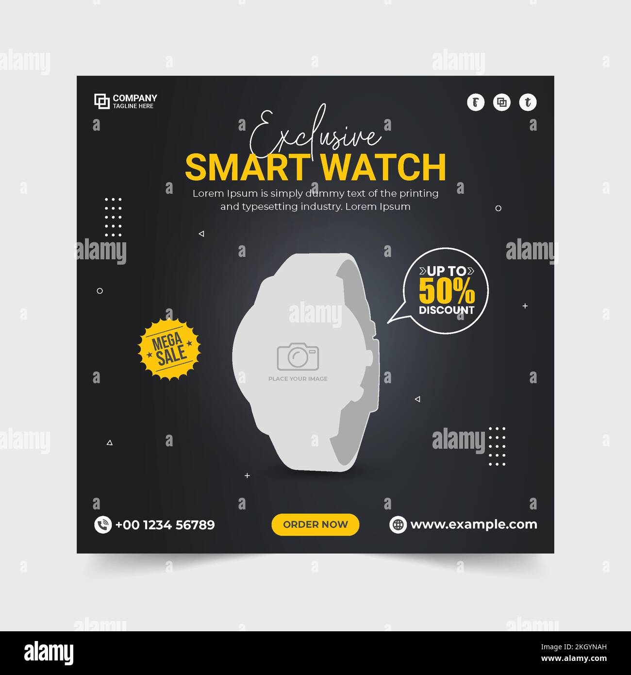 Montante prodotto smartwatch. Banner di vendita promozionale smartwatch. Modello pubblicitario esclusivo per smartwatch. Banner pubblicitario sui prodotti gadget. Orologio da polso Illustrazione Vettoriale