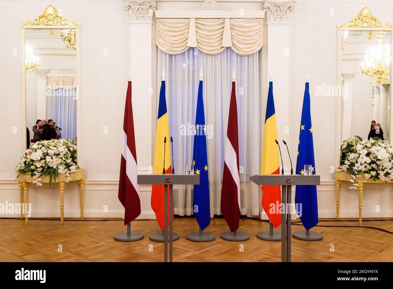 RIGA, LETTONIA. 23rd novembre 2022. Conferenza stampa dopo la riunione di Klaus Iohannis, Presidente della Romania, e di Egils Levits, Presidente della Lettonia. Credit: Gints Ivuskans/Alamy Live News Foto Stock