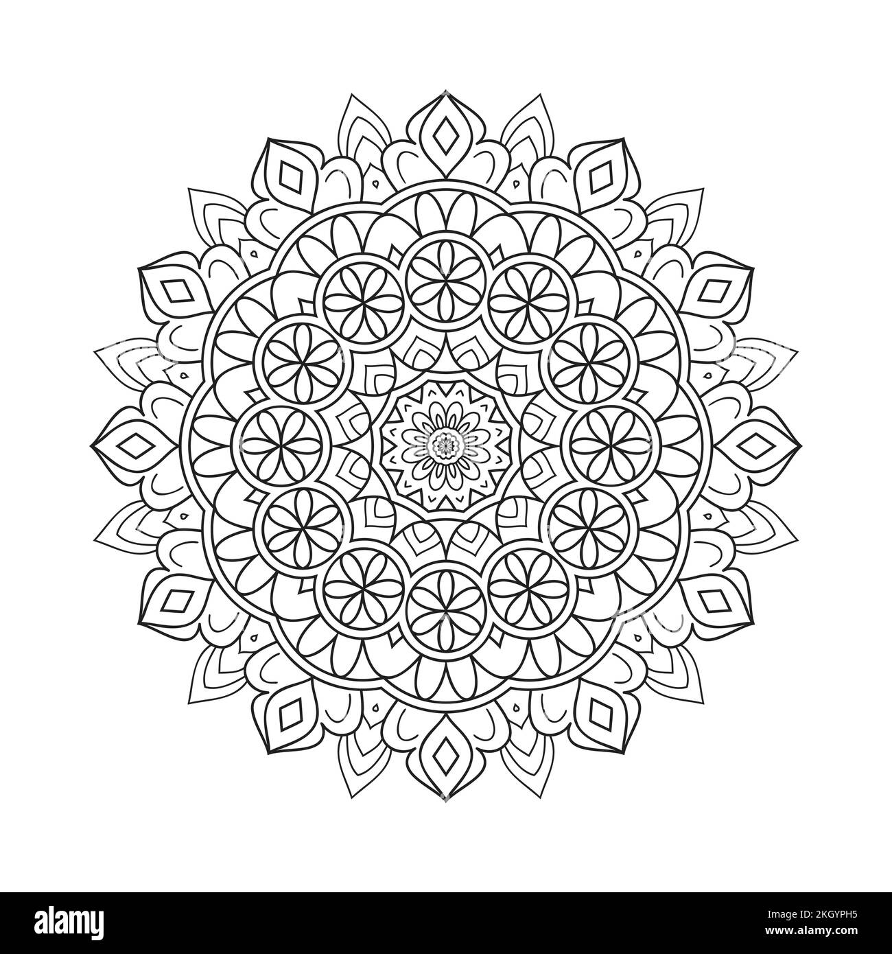 Modello di mandala circolare bianco e nero. Motivo di fiori di mandala indiano per la decorazione. Pagina da colorare per bambini. Tradizionale stile indiano mandala decoratio Illustrazione Vettoriale