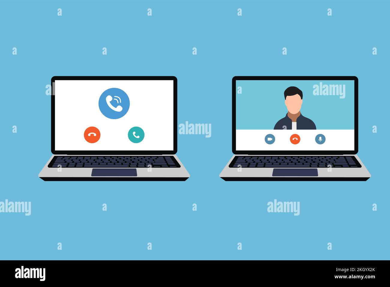Concetto di videochiamata online su laptop vettoriale. Chiamata online, concetto di videoconferenza con un'illustrazione a caratteri piatti. Chattare con gli amici online Illustrazione Vettoriale