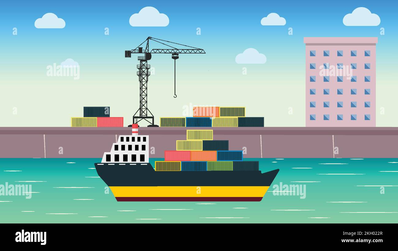 Trasporto di merci con un vettore navale. Spedire in un cantiere, ottenendo il contenitore del carico con una gru. Contenitore di carico per navi da carico con gru vettoriale. Docky Illustrazione Vettoriale