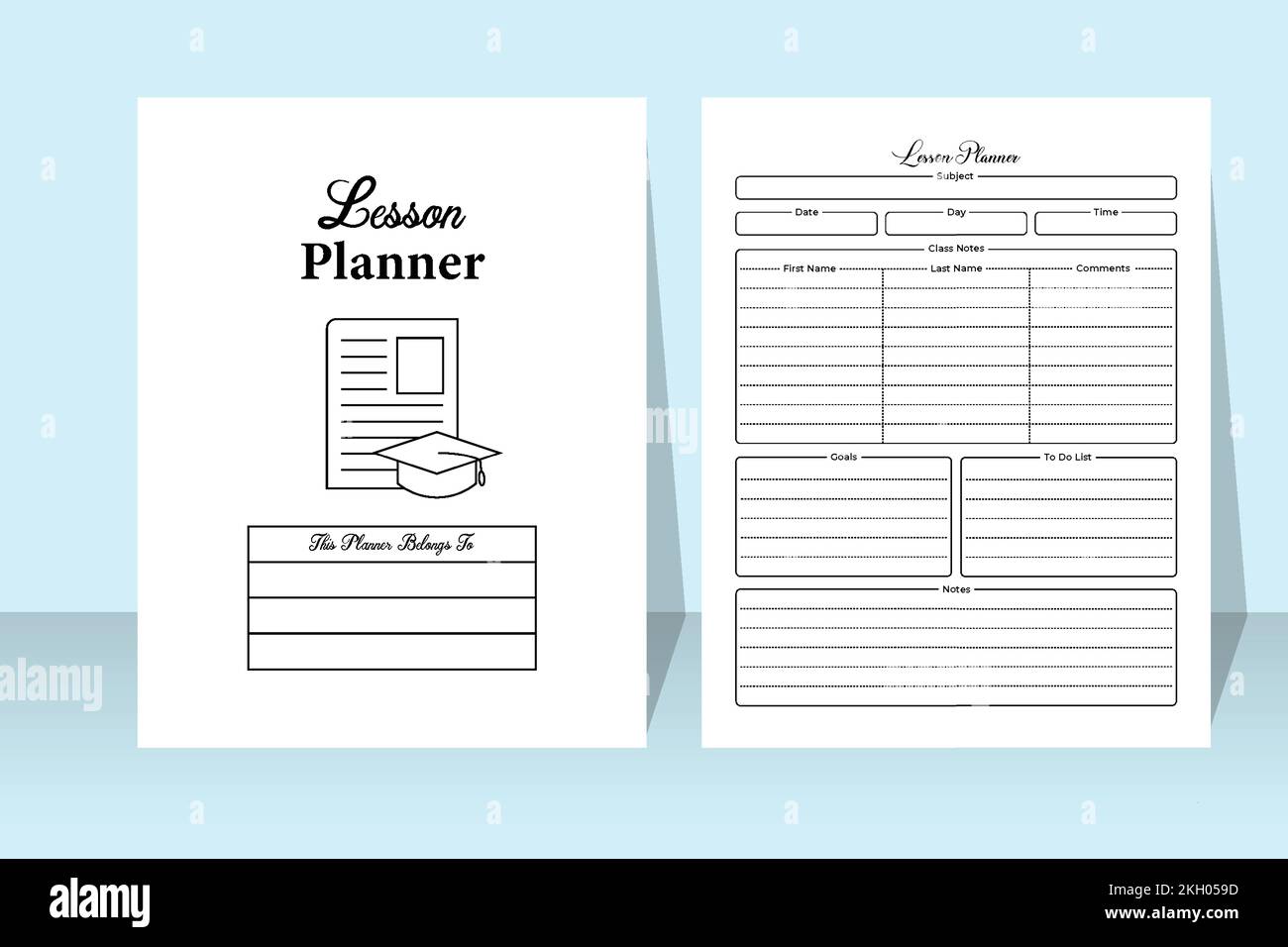 Pianificazione giornaliera delle lezioni per gli interni KDP degli studenti. Modello per il tracker delle attività quotidiane degli studenti e il pianificatore delle lezioni. Notebook interno KDP. Lesso di classe quotidiana Illustrazione Vettoriale