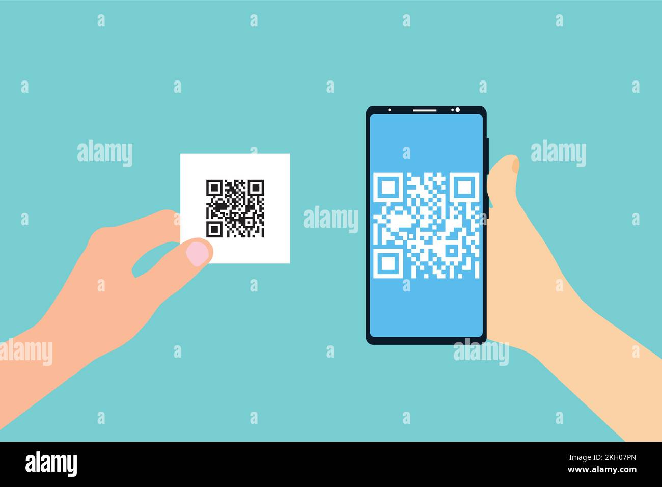 Scansione del codice QR all'interno del vettore mobile Concept. Tenere in mano uno smartphone e eseguire la scansione del codice QR. Scansione mobile del codice QR per il pagamento o informazioni, dig Illustrazione Vettoriale