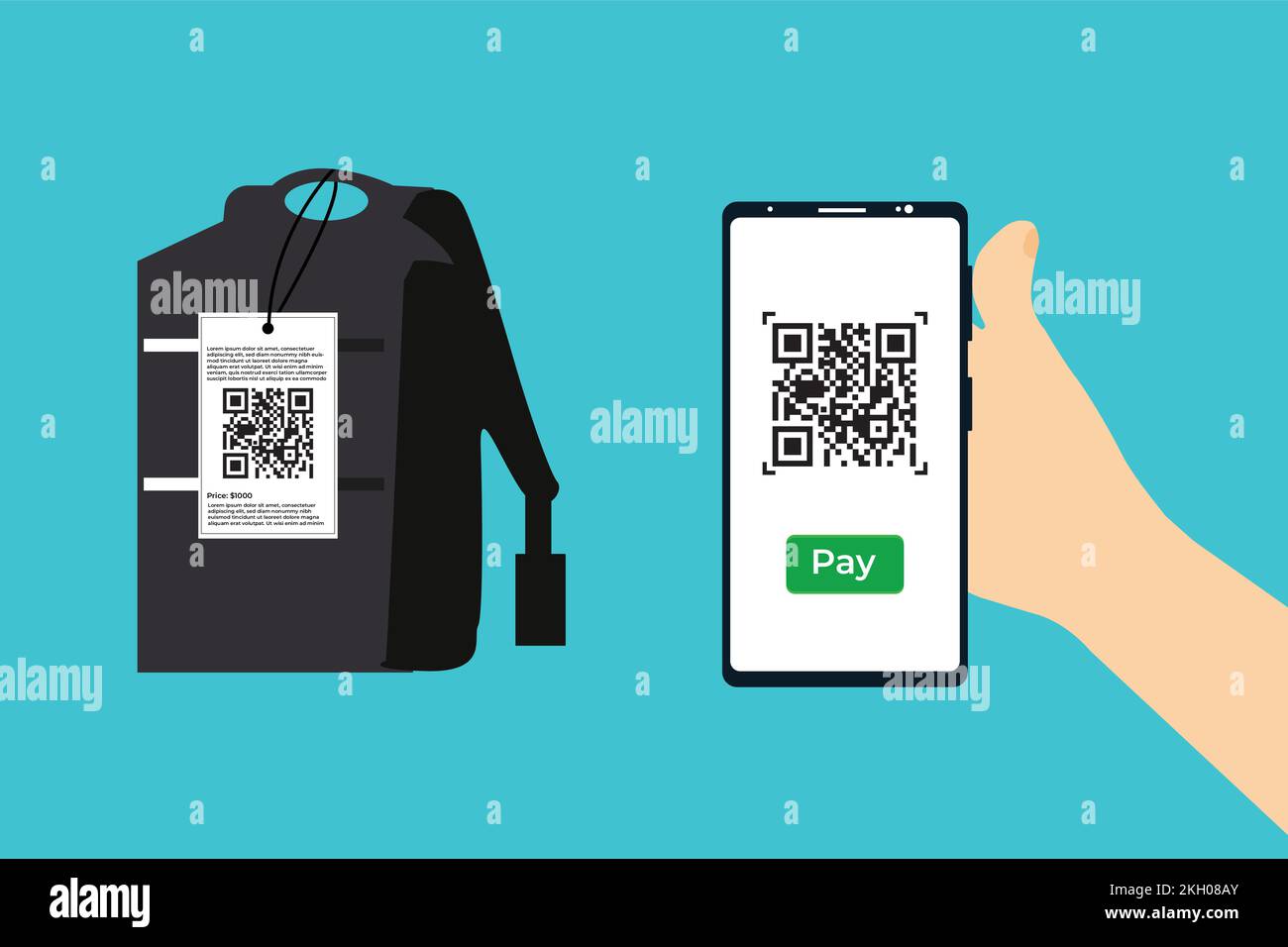 Concetto di pagamento online mediante la scansione del codice QR in un vettore smartphone. Design piatto di un codice QR informazioni di pagamento e una mano che tiene un cellulare. Scansione Illustrazione Vettoriale