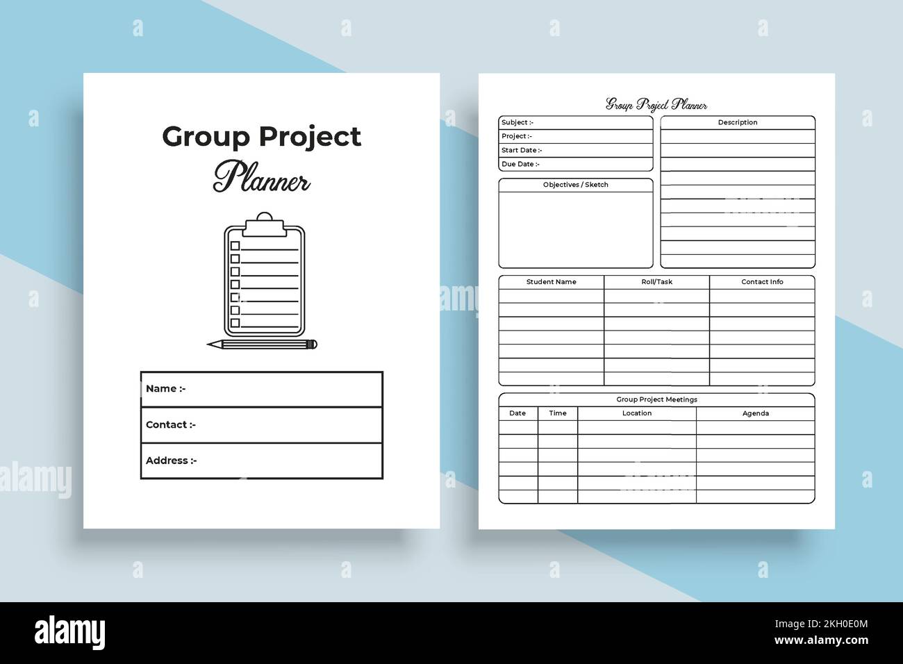 Interno KDP del notebook progetto di gruppo. Informazioni di gruppo e modello di tracker del progetto scolastico. Giornale interno KDP. Pianificatore di progetto del gruppo dello studente e. Illustrazione Vettoriale