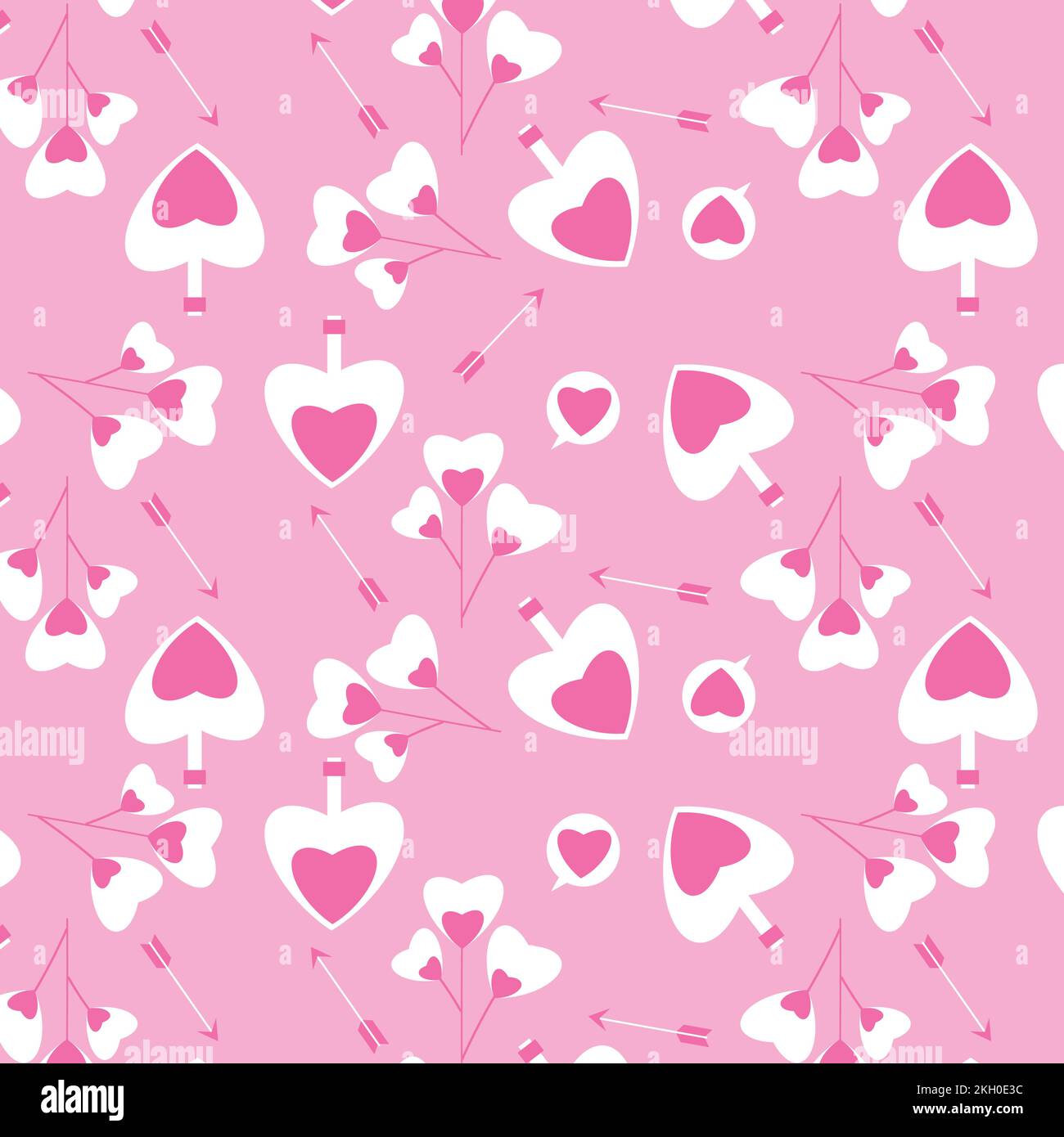 Vettore di pattern senza giunture per San Valentino per frontespizi e lenzuola. Love forma motivo decorazione con sfondo rosa e frecce d'amore. Cuore carino Illustrazione Vettoriale