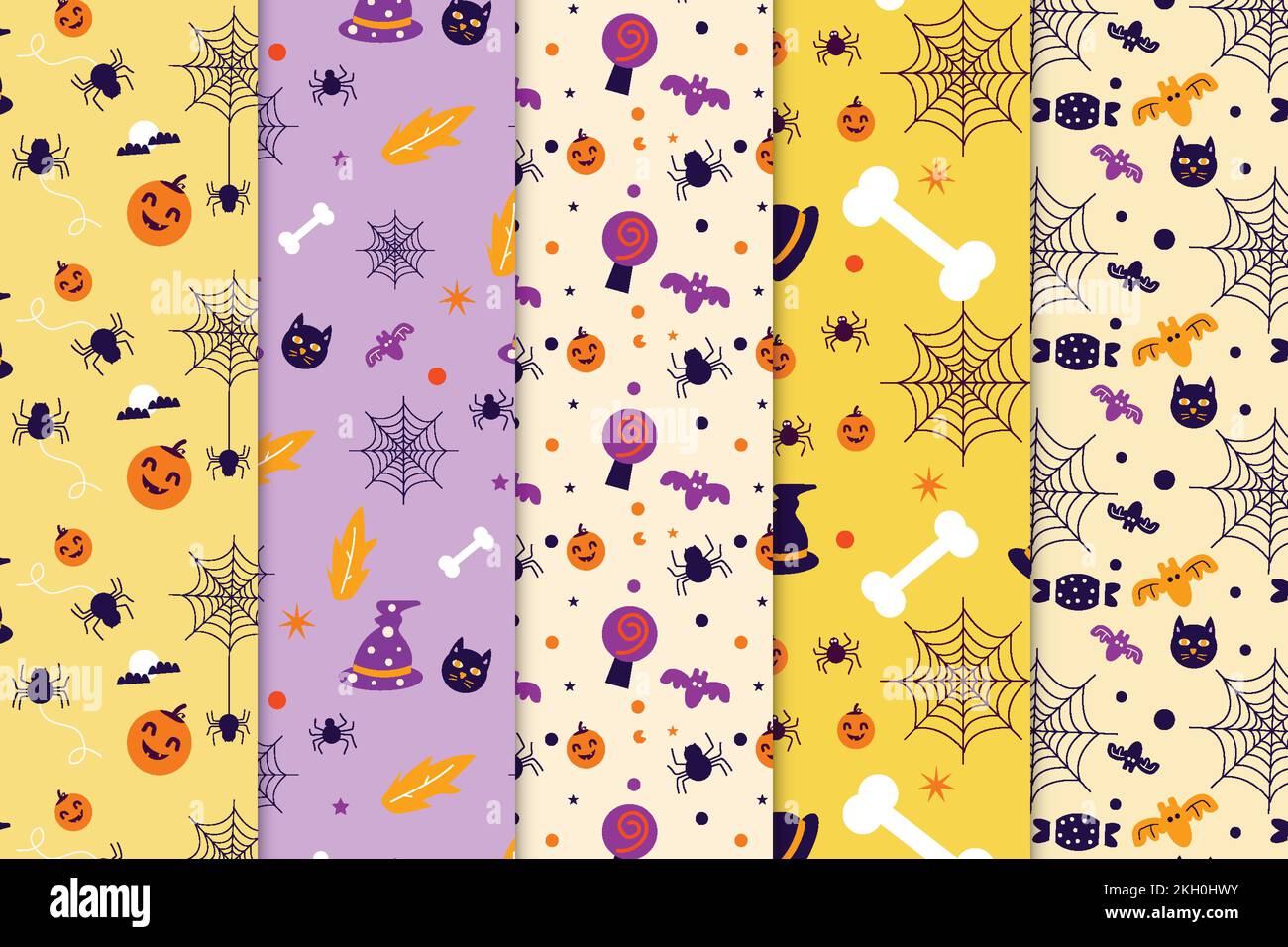 Vettore di raccolta di pattern di Halloween con sfondo giallo e viola. Set di motivi senza cuciture Halloween per copertine e sfondi di libri. Astratto patt Illustrazione Vettoriale