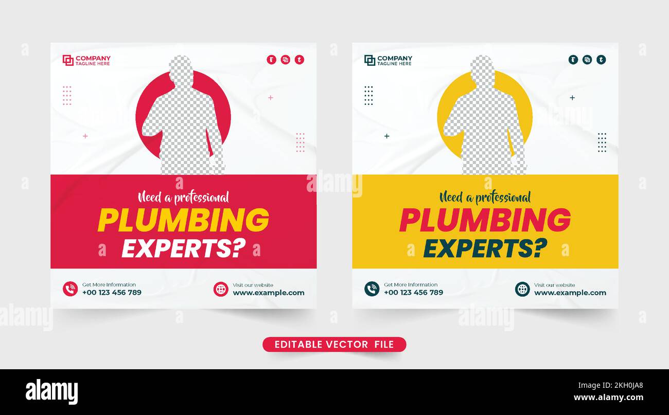 Moderno impianto idraulico business social media vettore post con colori rosso e giallo. Home manutenzione e idraulico business promozionale banner web vettore con Illustrazione Vettoriale