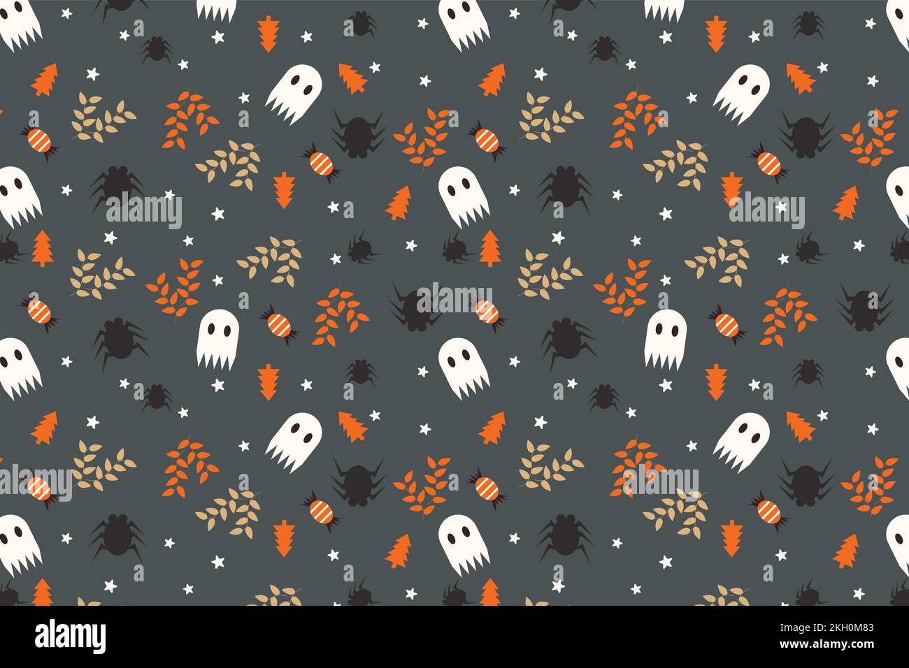 Sfondo modello spaventoso di Halloween con fantasmi carino e vettore foglie morte. Halloween decorazione senza cuciture motivo per copertine di libri e sfondi. Carino Illustrazione Vettoriale