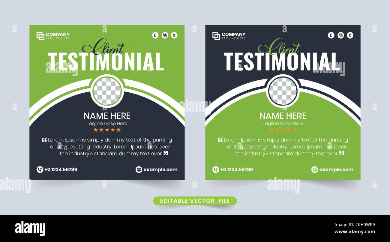 Testimonianza creativa del cliente e design del layout della sezione di revisione. Sezione di feedback e valutazione del servizio clienti con colori nero e verde. Azienda moderna Illustrazione Vettoriale