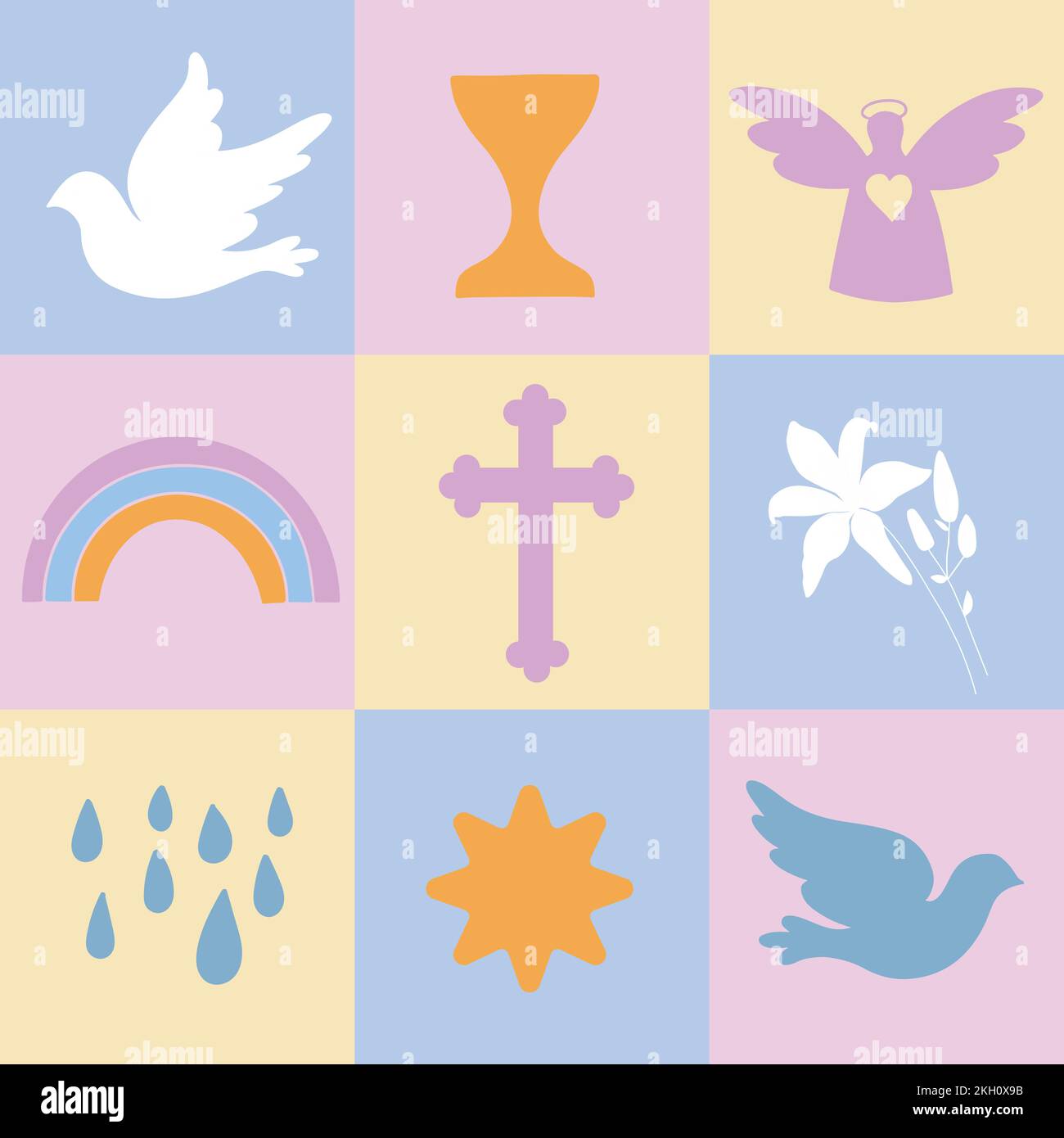 Sfondo blu a scacchi con simboli cristiani. Ripetizione senza giunture. Illustrazione Vettoriale