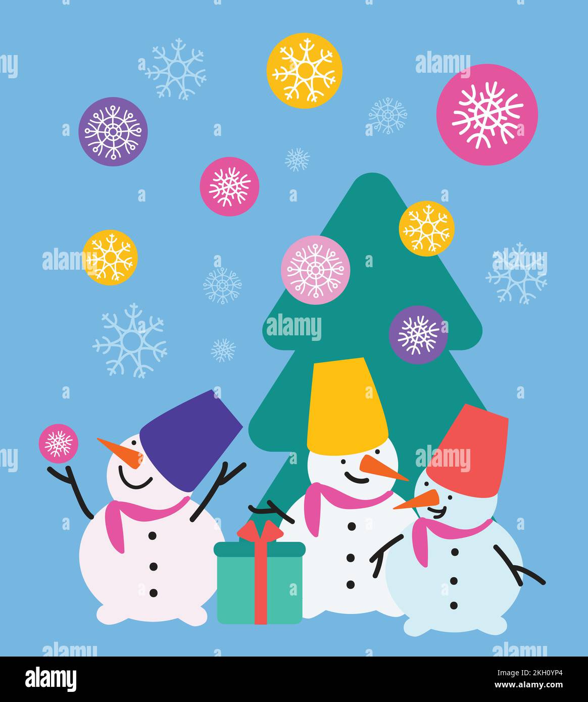 Pupazzi di neve, fiocchi di neve e albero di Natale su sfondo blu. Natale e Capodanno illustrazione. Illustrazione Vettoriale