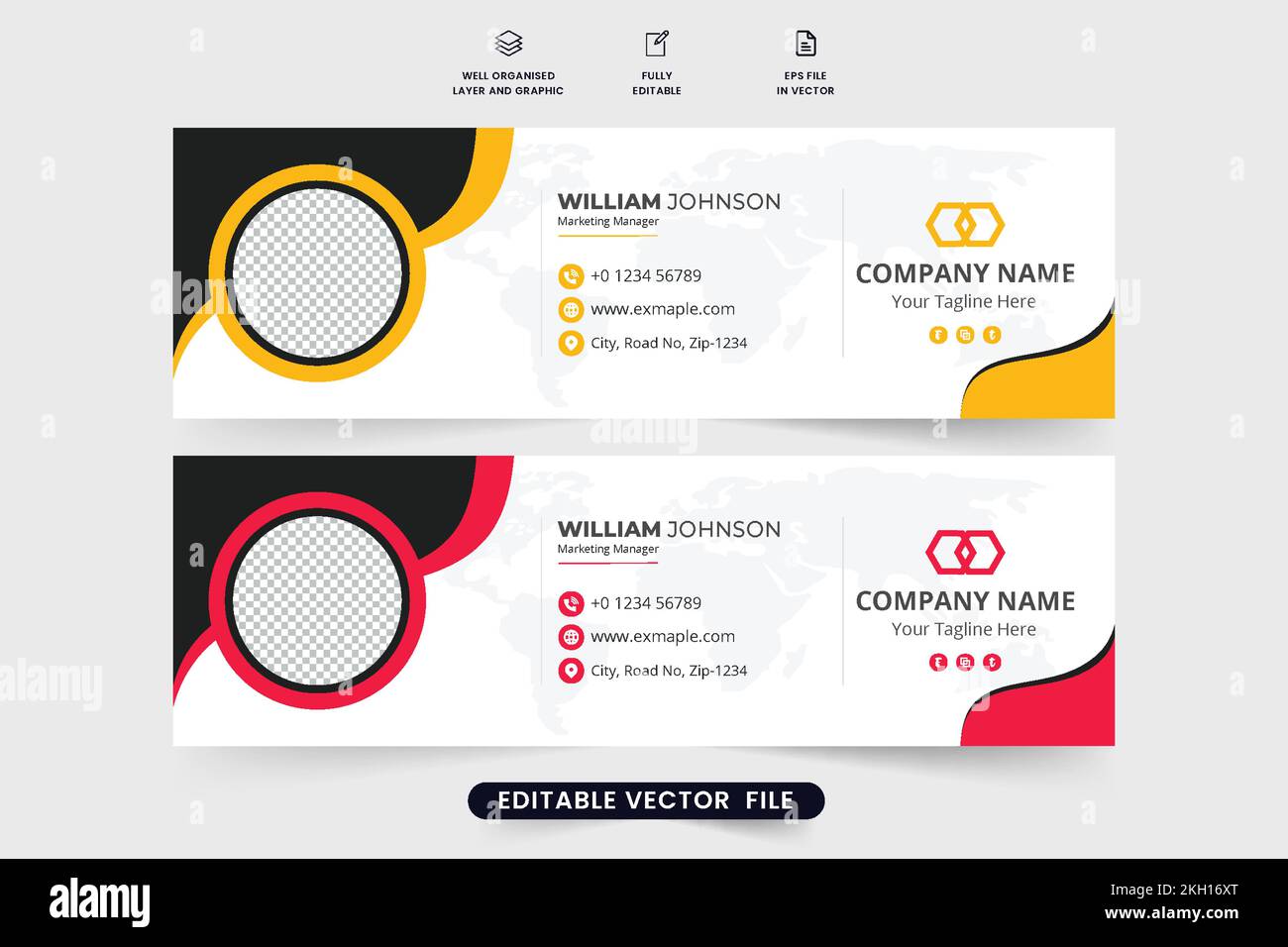 Decorazioni e-mail moderne per un piè di pagina Web individuale. Vettore firma e-mail aziendale con colori rosso e giallo. Des. Modello firma e-mail Illustrazione Vettoriale