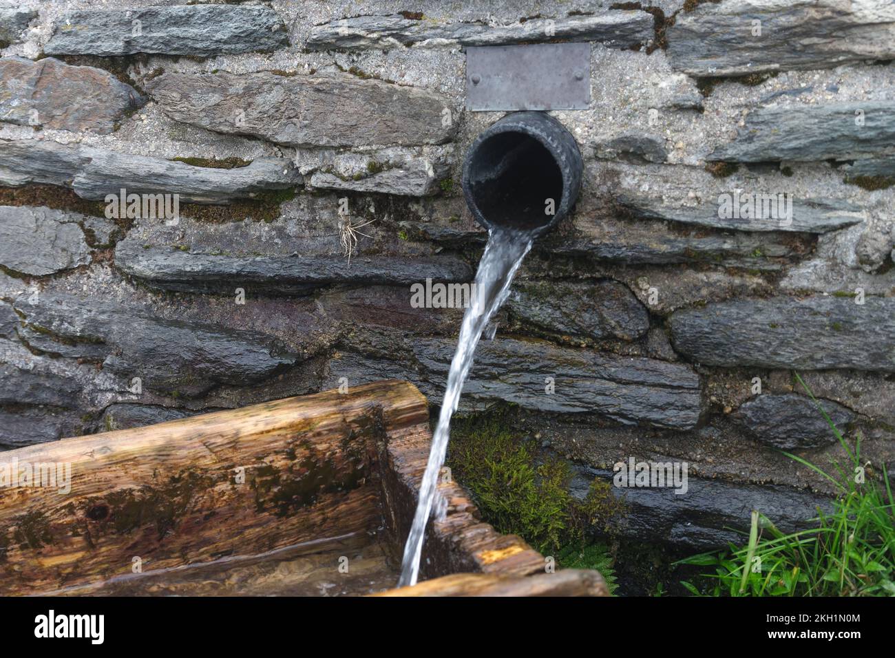 Abbondante sorgente d'acqua nelle montagne di Jesenik. Il suo nome è primavera cervi. Fonte di acqua potabile per i turisti Foto Stock