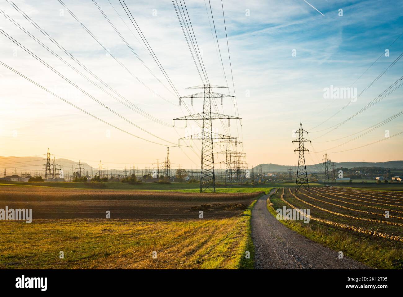 Linee elettriche in un campo di agrar durante il tramonto. Foto Stock