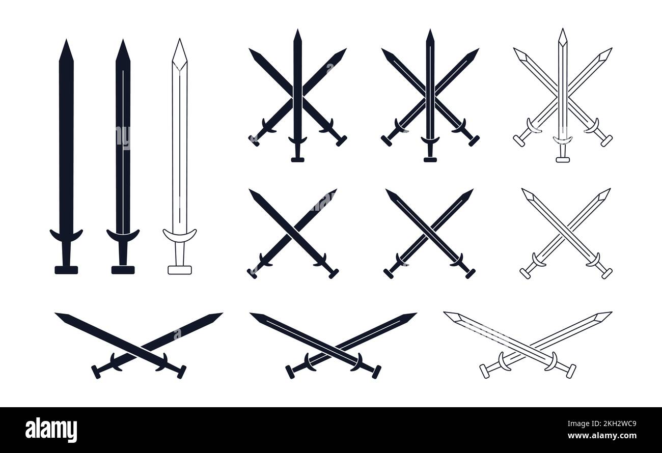 Icona della spada Imposta i simboli dell'arma della spada larga Illustrazione Vettoriale