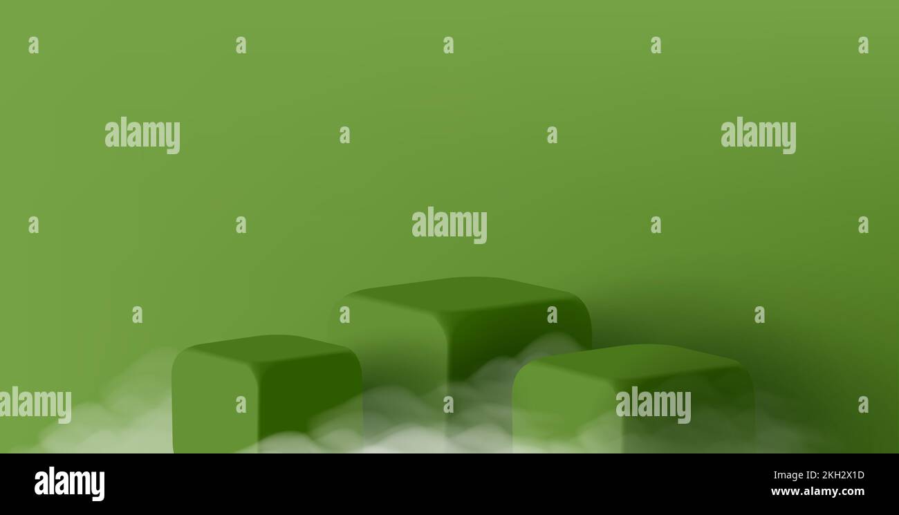 3d cubi quadrati verdi piedistallo vuoto con nuvole o nebbia, vetrina di prodotti Illustrazione Vettoriale
