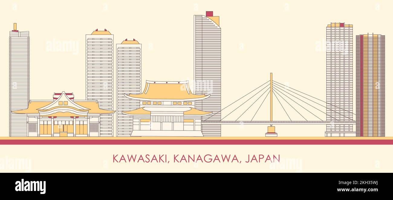 Panorama di Cartoon Skyline della città di Kawasaki, Kanagawa, Giappone - illustrazione vettoriale Illustrazione Vettoriale