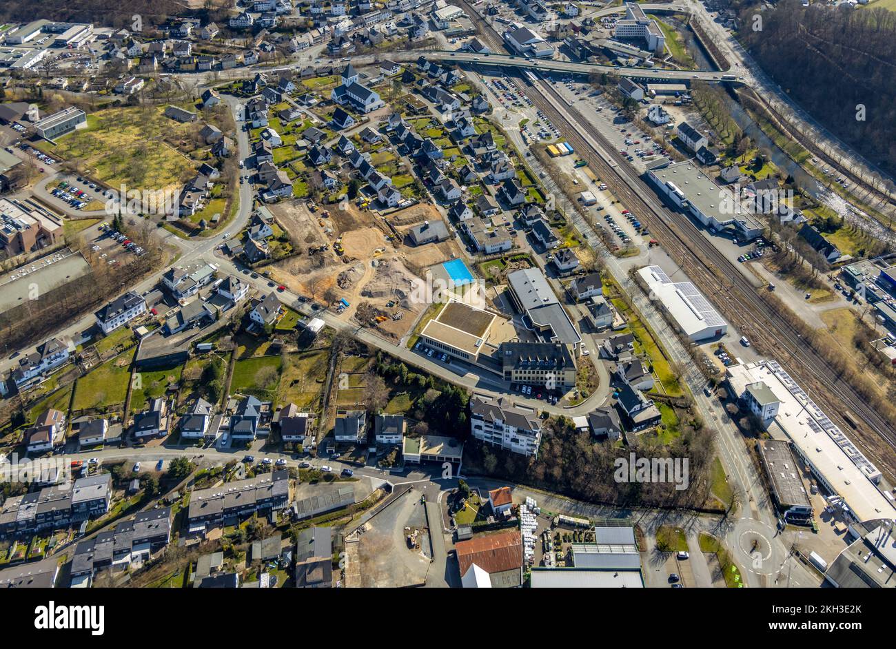 Vista aerea, cantiere di una cappella Klocken e St. Scuola secondaria Walburga, Meschede, Meschede, Sauerland, Renania settentrionale-Vestfalia, Tedesco Foto Stock