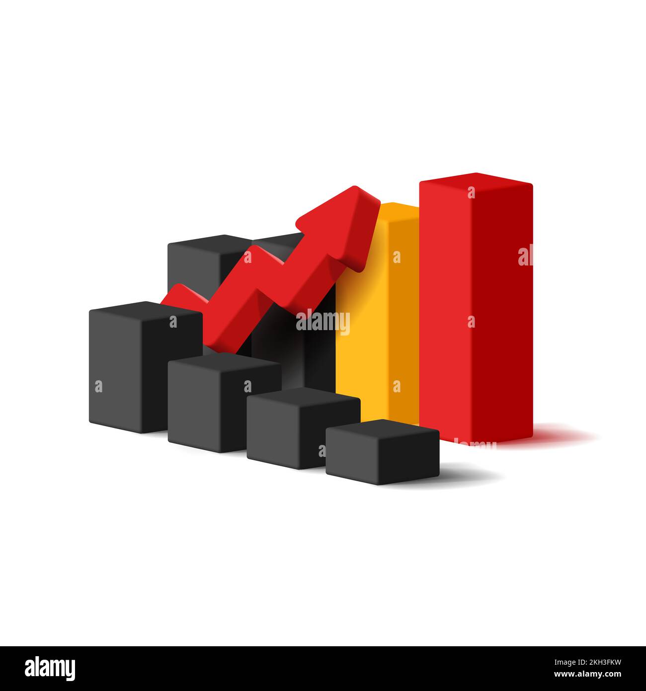 3d composizione delle barre del grafico con freccia del volume, illustrazione dell'investimento della strategia aziendale Illustrazione Vettoriale