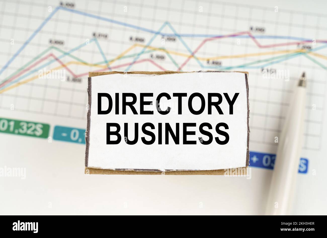 Concetto aziendale. Sullo sfondo della grafica aziendale e penne, un segno con l'iscrizione - DIRECTORY BUSINESS Foto Stock