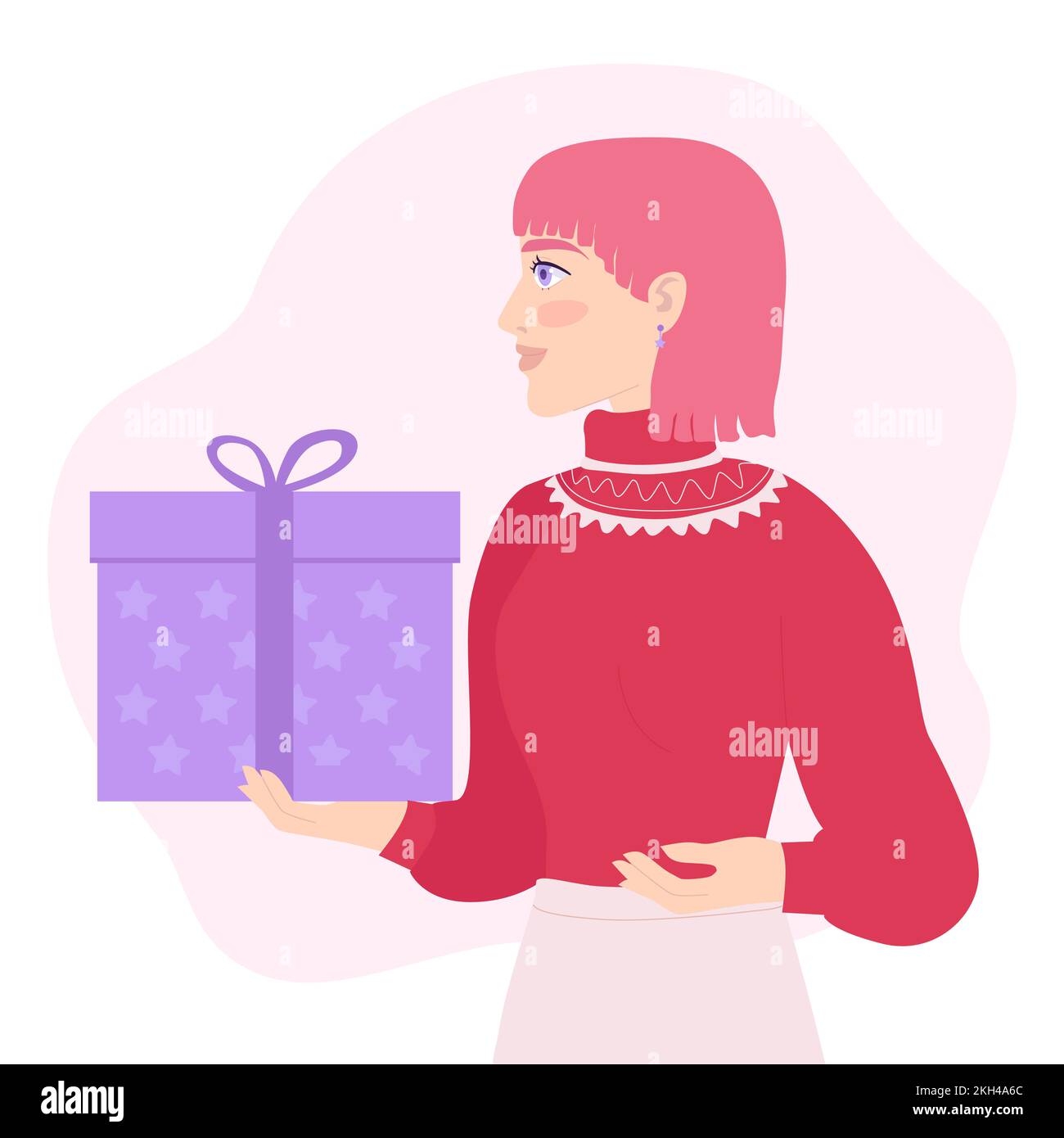 Giovane donna in un maglione rosso con un regalo di Capodanno. La ragazza dà un carattere del cartone animato di gift.Funny che prepara per Natale. Illustrazione del vettore piatto. Illustrazione Vettoriale