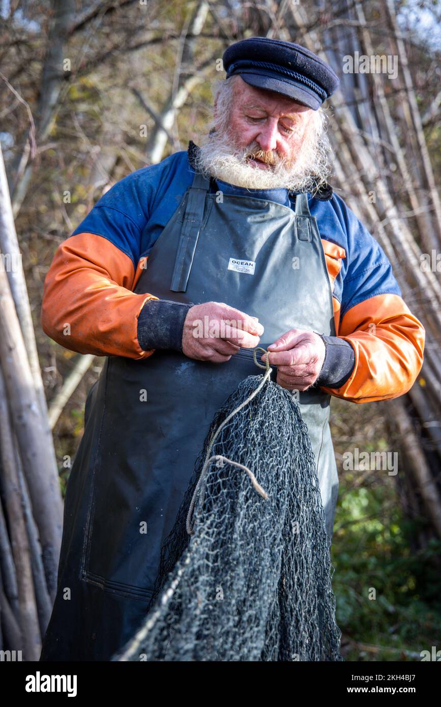 Alt Schlagsdorf, Germania. 19th Nov 2022. Il pescatore Walter Piehl prepara la rete di trasporto al lago Neuschlagsdorf. Tre settimane dopo l'inizio della stagione delle carpe, tuttavia, le carpe natalizie non sono ancora entrate in rete nel Meclemburgo; solo la carpa e il luccio d'erba stanno battendo sugli attrezzi da pesca. Il tempo è troppo caldo e i pesci sono ancora troppo agili. Walter Piehl, un ex pescatore d'altura di 65 anni, è uno dei pochissimi pescatori del Meclemburgo-Pomerania occidentale che catturano carpe con reti da traino nei laghi naturali. Credit: Jens Büttner/dpa/Alamy Live News Foto Stock