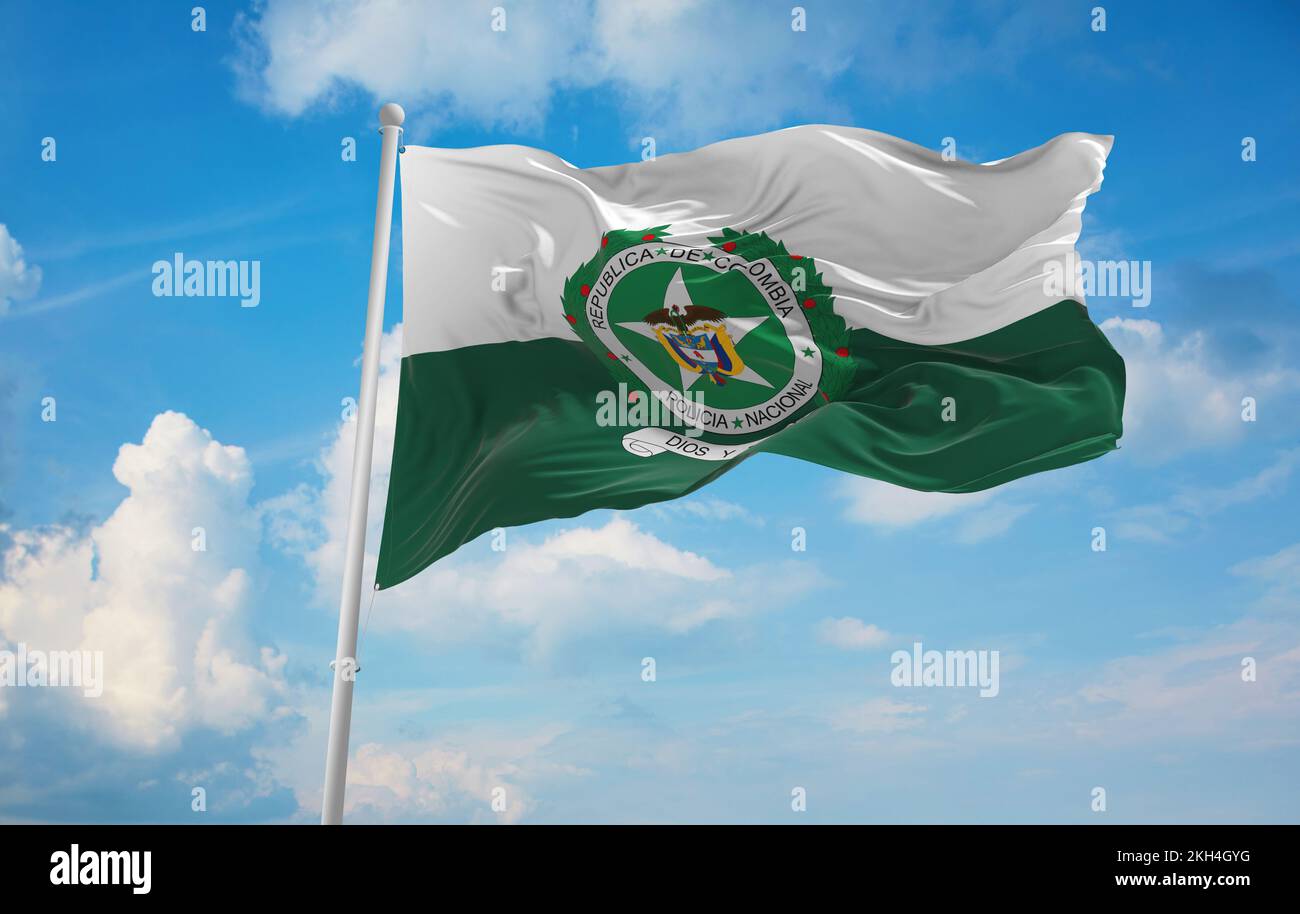 Vista dall'alto della bandiera della polizia Nazionale, Colombia. Patriota colombiana e concetto di viaggio. Nessun flagpole. Progettazione del piano, layout. Sfondo della segnalazione Foto Stock